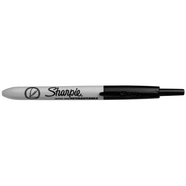 A close-up of a black Sharpie Ultra-Fine Point Retractable Permanent Marker.