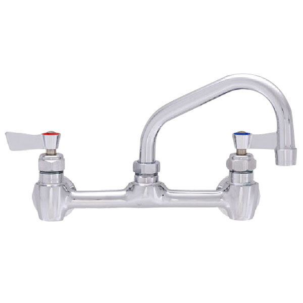 A chrome Fisher wall mount faucet with two lever handles and a swing nozzle.