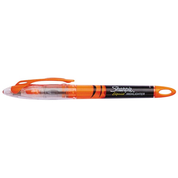 The black handle and orange cap of a Sharpie Liquid Fluorescent Orange Highlighter pen.