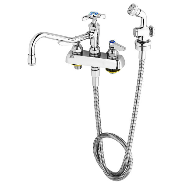 A T&S chrome deck-mounted workboard faucet with a 7 7/8" swing nozzle and hose.