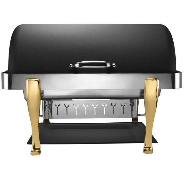 A black and gold Bon Chef Elite rectangle chafer with brass accents.
