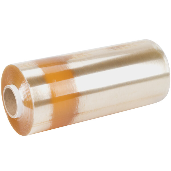 A close-up of a roll of Western Plastics clear plastic wrap.