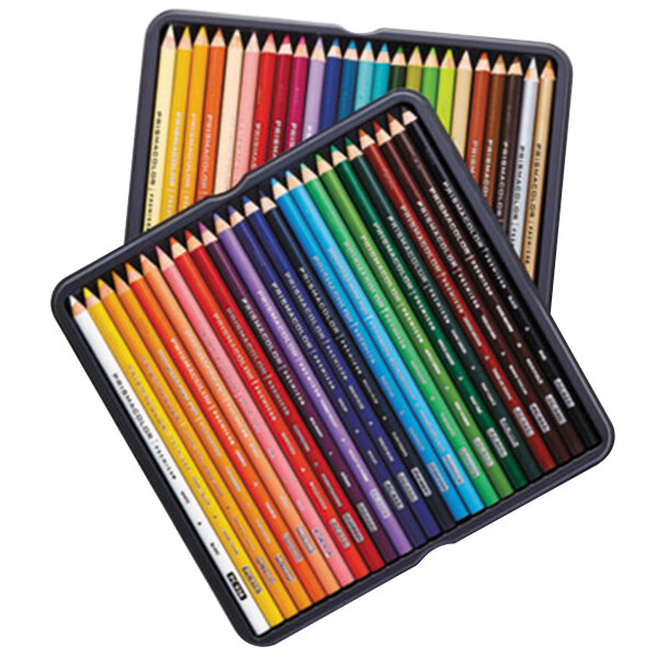 A close-up of Prismacolor Premier colored pencils in a black case.