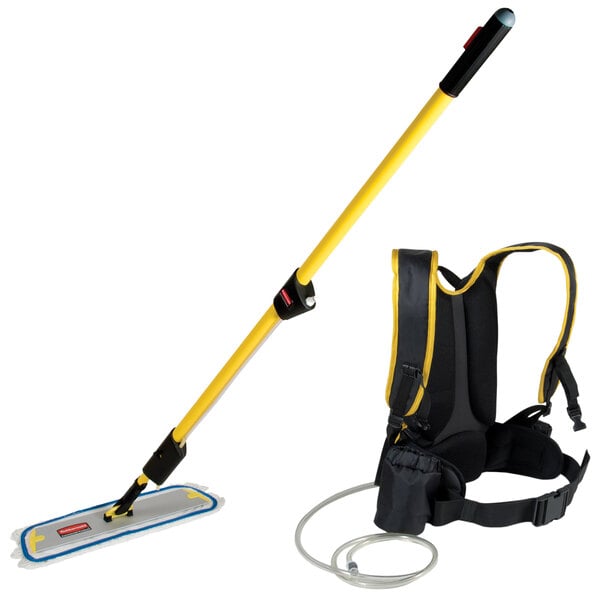 A Rubbermaid Flow floor finishing system backpack in black and yellow with a mop head attached.