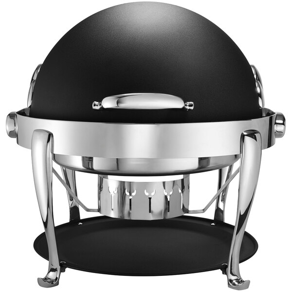 A black and silver Bon Chef round chafer with a metal base.