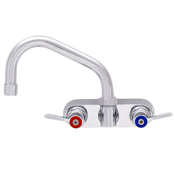 A Fisher wall mount faucet with lever handles in chrome with red and blue accents.