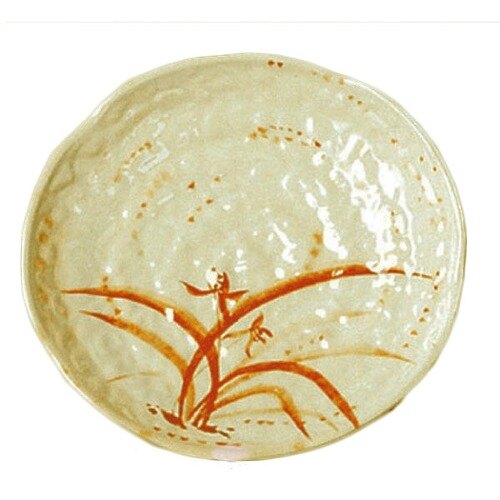 A white Thunder Group lotus shaped melamine plate with a gold orchid design.