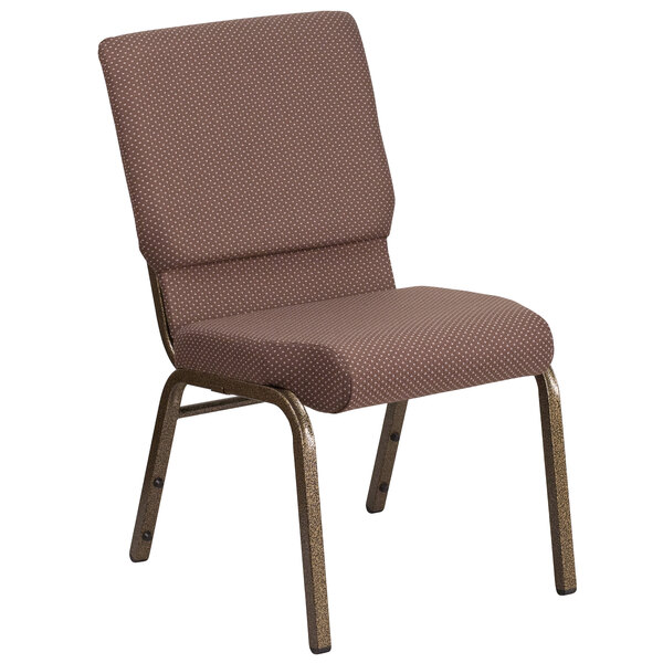 A brown Flash Furniture church chair with white dots and a gold vein metal frame.