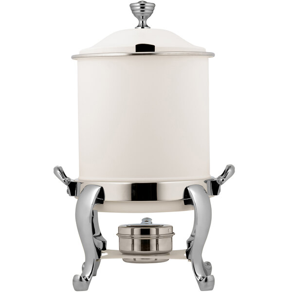 A white marmite chafer with a silver hinged top.