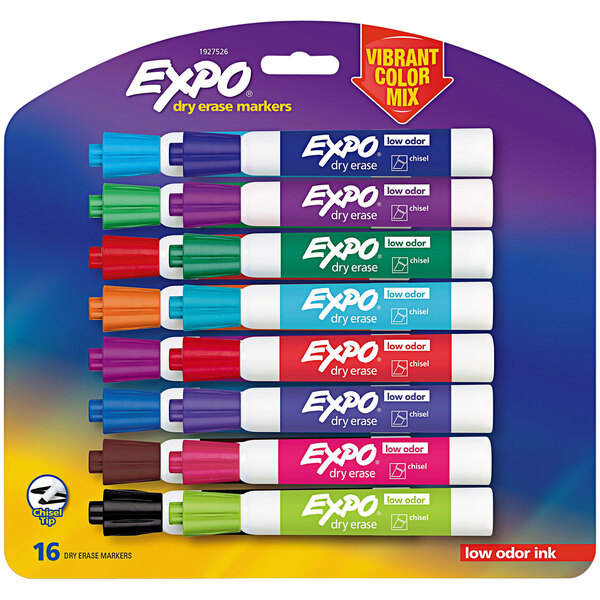 A package of Expo dry erase markers in a variety of colors.