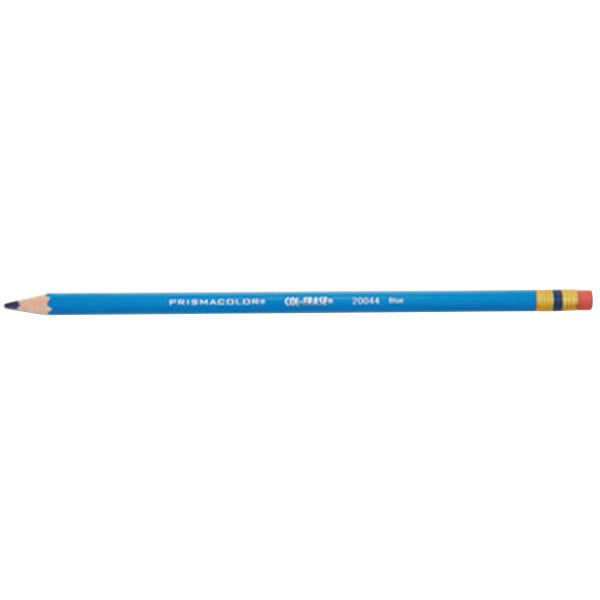 A blue Prismacolor Col-Erase pencil with a yellow eraser and white text on the blue barrel.