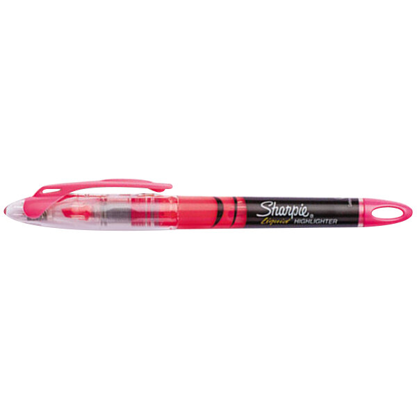 The pink Sharpie Accent liquid highlighter pen with a red tip and black cap.