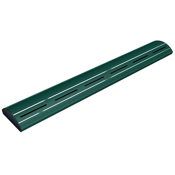 A green metal object with a long curved metal beam and LED lights.
