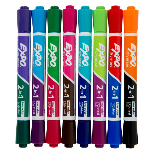 A group of Expo 2-in-1 dry erase markers with different colored caps.