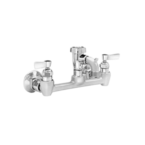 A Fisher chrome wall mounted service sink faucet with two lever handles.