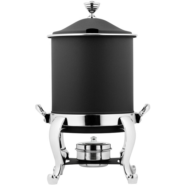 A black and silver Bon Chef Roman Marmite chafer with a hinged lid.