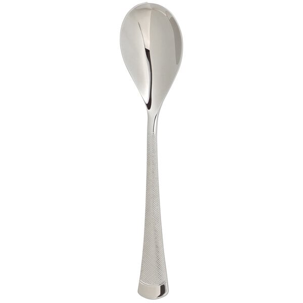 An Arcoroc stainless steel dinner spoon with a long silver handle.