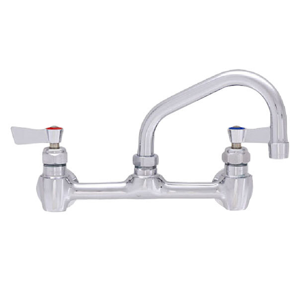 A Fisher wall mount faucet with lever handles and a swing nozzle.