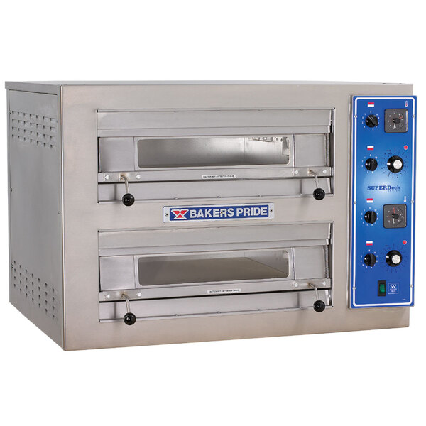 A silver Bakers Pride countertop electric pizza oven with two decks and two doors.