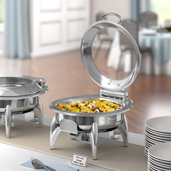 Acopa Voyage 6 Qt. Round Stainless Steel Induction / Traditional Dual-Purpose Chafer with Glass Top, Soft-Close Lid, and Stand with Fuel Holder