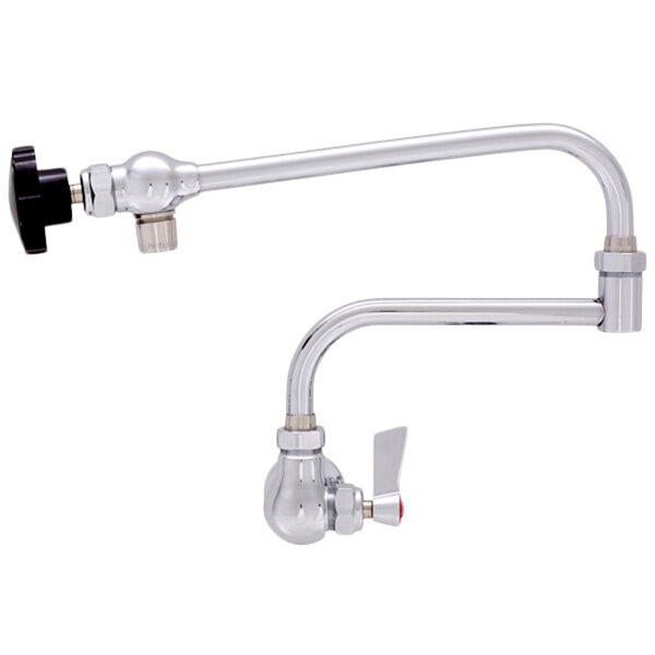 A Fisher chrome wall mounted pot filler faucet with a double-jointed control spout.