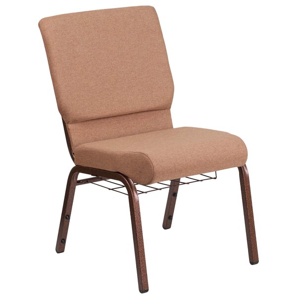 A brown Flash Furniture church chair with a metal frame.