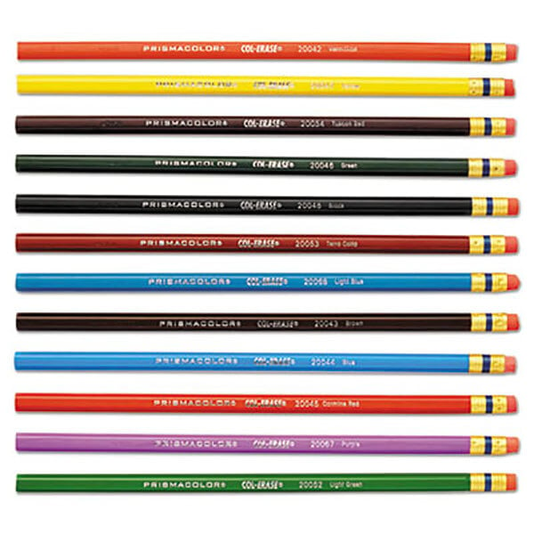 A row of Prismacolor Col-Erase colored pencils in different colors.