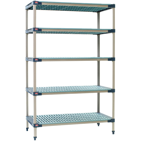 A MetroMax 4 stationary shelving unit with five blue shelves.