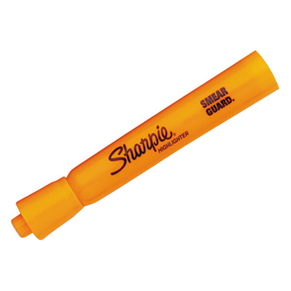 A Sharpie highlighter with orange accents and a yellow plastic tube.
