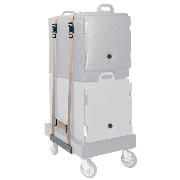A white and grey trolley with a grey box and straps on it.