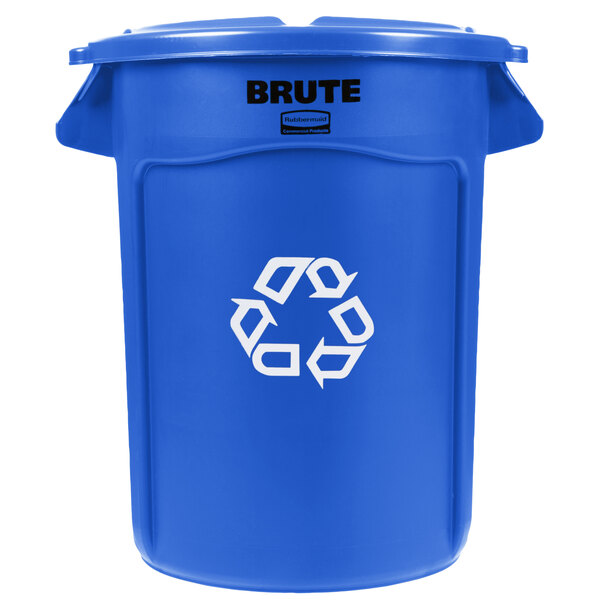 A blue Rubbermaid BRUTE recycling can with a lid.