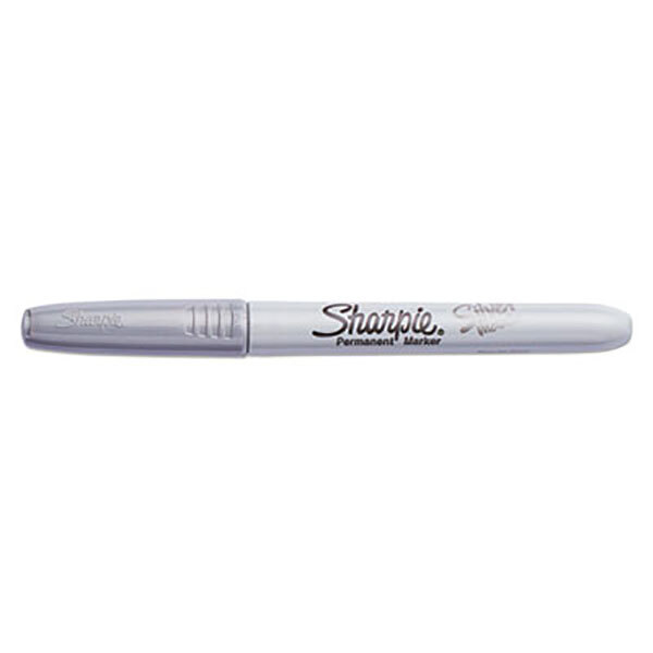 A close-up of a Sharpie Metallic Silver permanent marker with the word "Sharpie" on it.