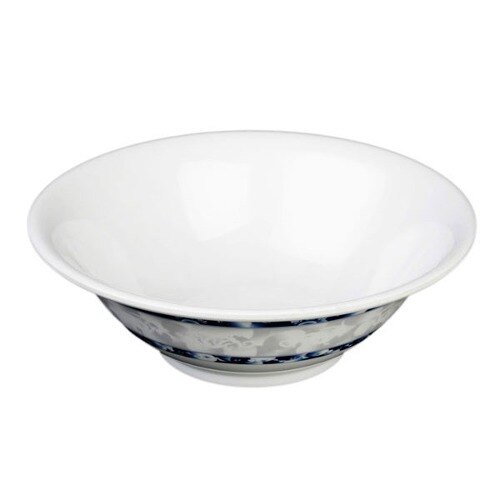 A white melamine bowl with blue dragon designs on the inside.