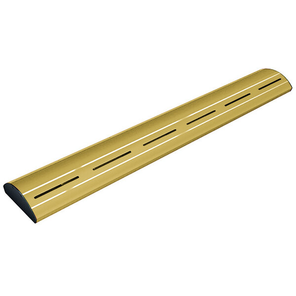 A long yellow metal beam with a curved gold metal strip and LED lights.