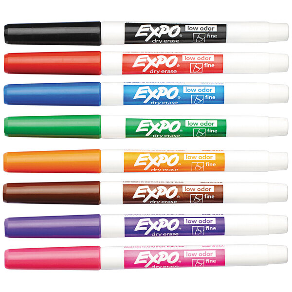 A set of Expo fine tip dry erase markers in different colors.