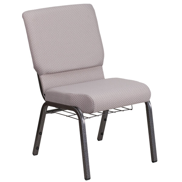 A gray church chair with a metal frame.