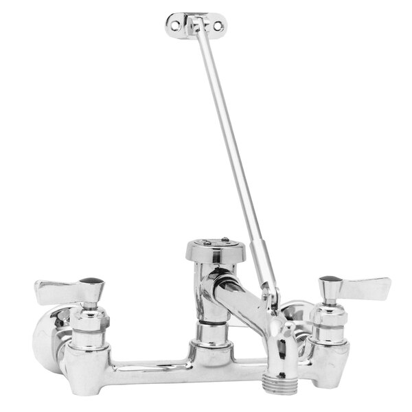 A Fisher chrome wall mounted service sink faucet with two lever handles and a sprayer.