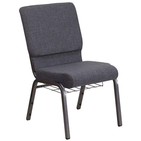 A Flash Furniture dark gray church chair with a metal frame and wire book rack.