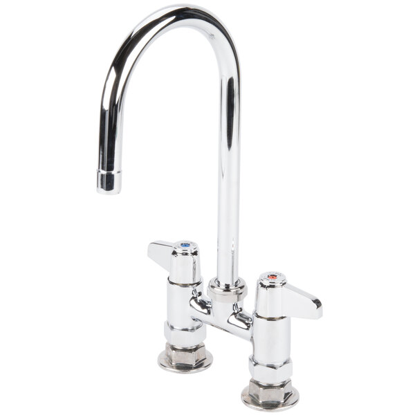 A chrome Equip by T&amp;S deck-mounted faucet with a gooseneck spout and two lever handles.
