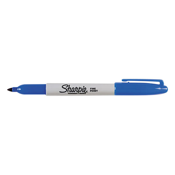 A blue Sharpie fine point permanent marker with a white tip.