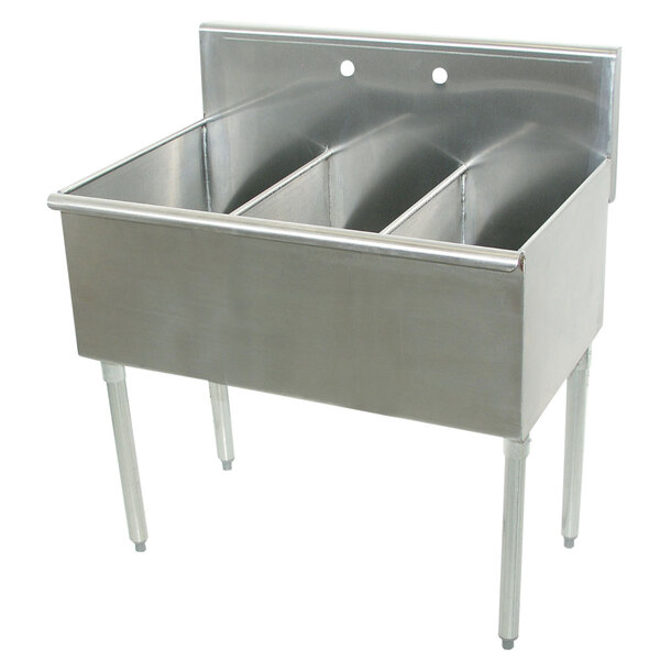 An Advance Tabco stainless steel sink with three compartments.
