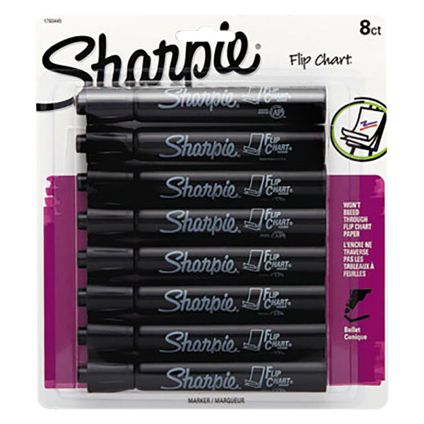A package of 8 black Sharpie bullet tip markers.