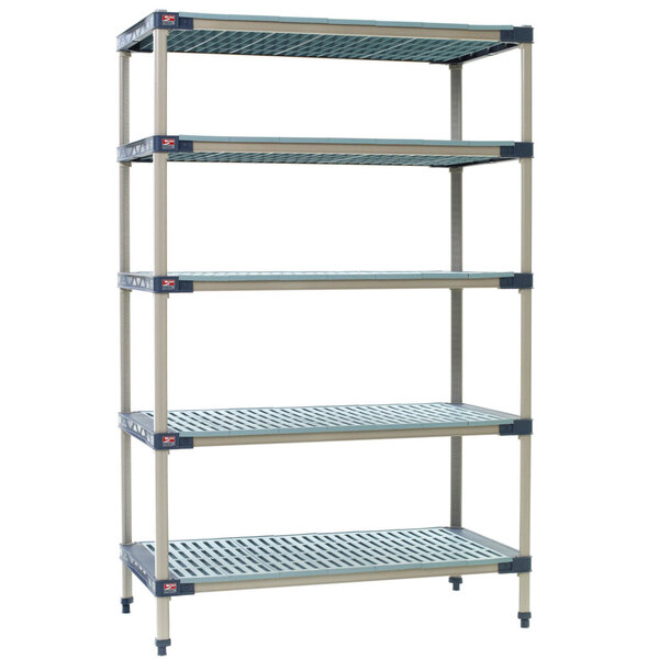 A MetroMax 4 metal stationary shelving unit with five shelves.