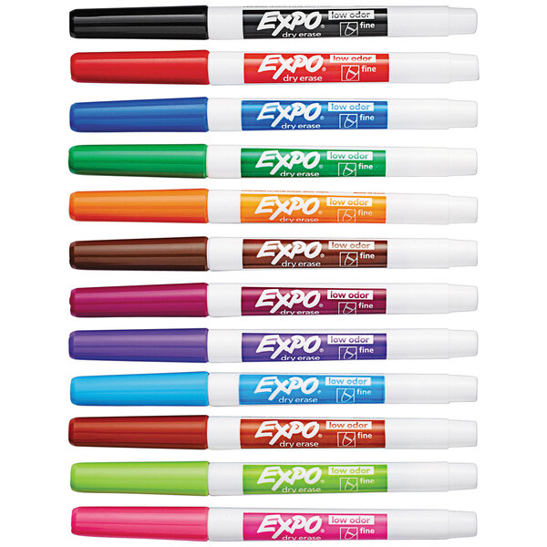 A group of Expo fine point dry erase markers in various colors.