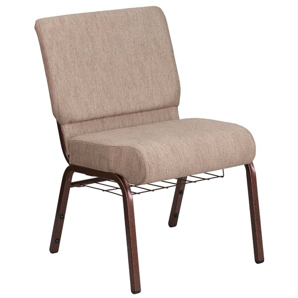A tan colored Flash Furniture church chair with brown metal legs.