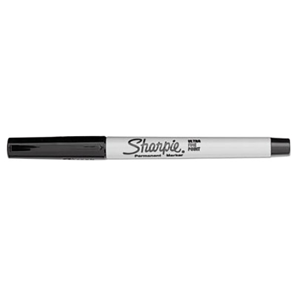 A close-up of a Sharpie Ultra-Fine Point black permanent marker.