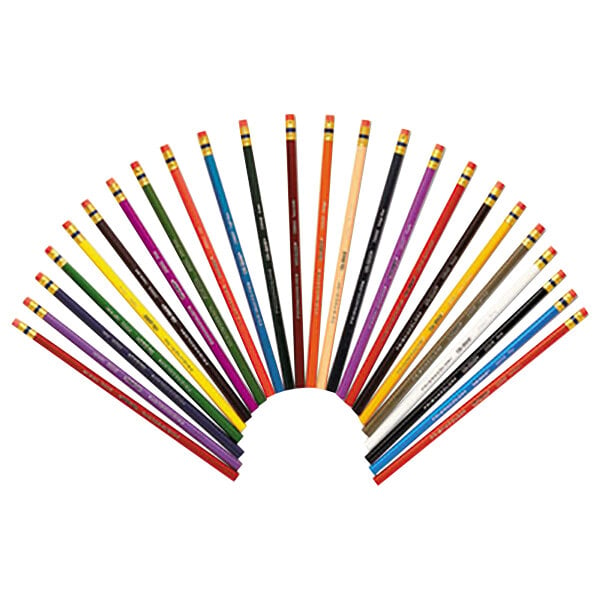 A group of Prismacolor Col-Erase woodcase colored pencils with erasers.