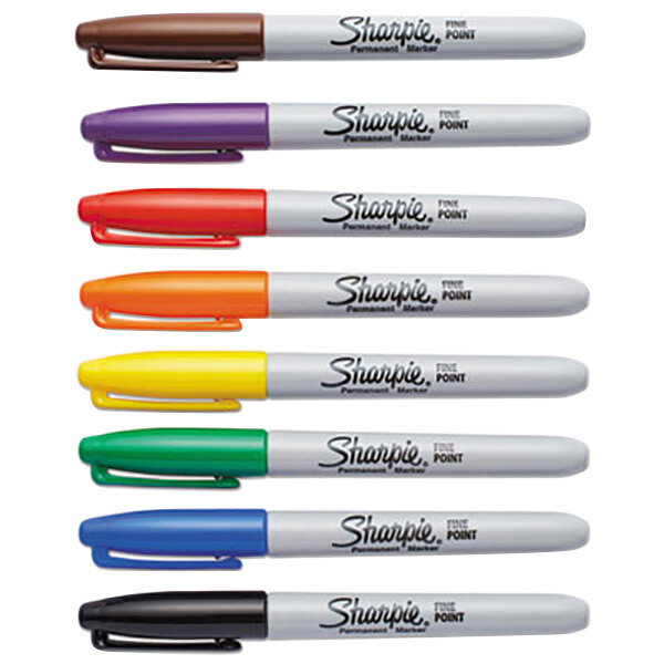 A group of Sharpie fine point permanent markers in assorted colors.
