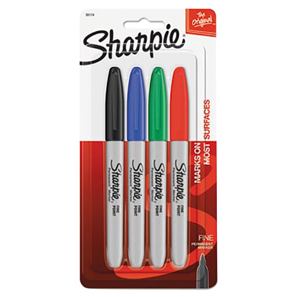 A package of Sharpie fine point permanent markers in assorted colors.