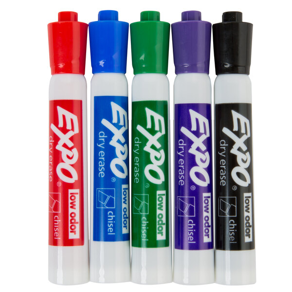 A group of Expo low-odor dry erase markers in assorted colors.